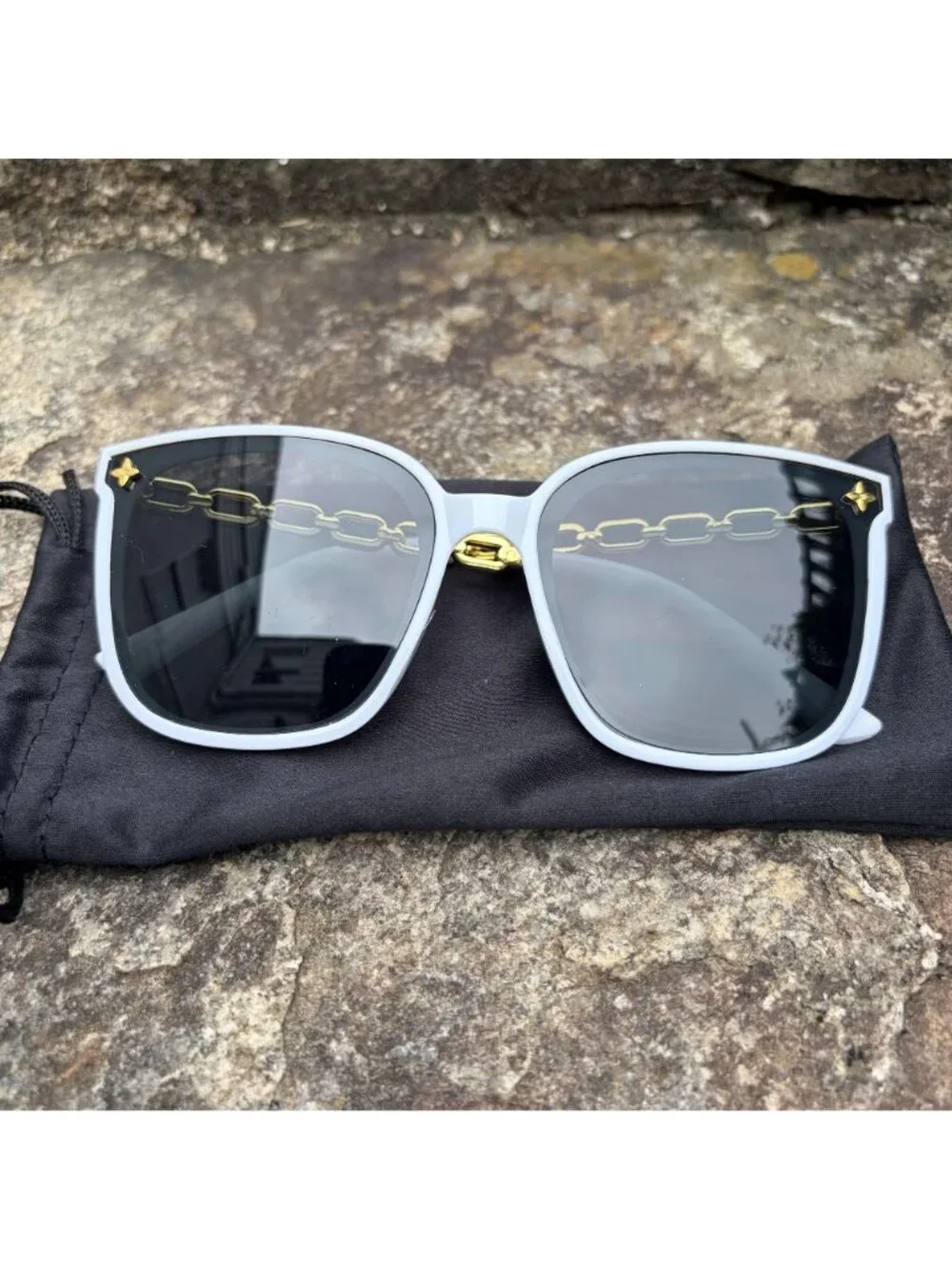 Oversized White Square Chain Link Sunglasses Gold Star Retro Shades Festival Y2K